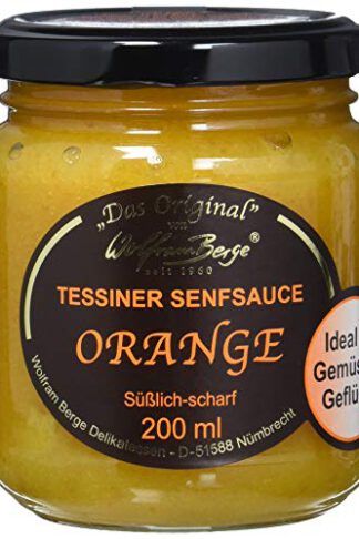 Wolfram Berge Original Tessiner Orangen-Senfsauce- Feinkostsauce aus pürierten kandierten Orangenschalen mit fein-scharfem Senfgeschmack. Hergestellt im Schweizer Tessin. 3er Pack (3 x 200 ml)